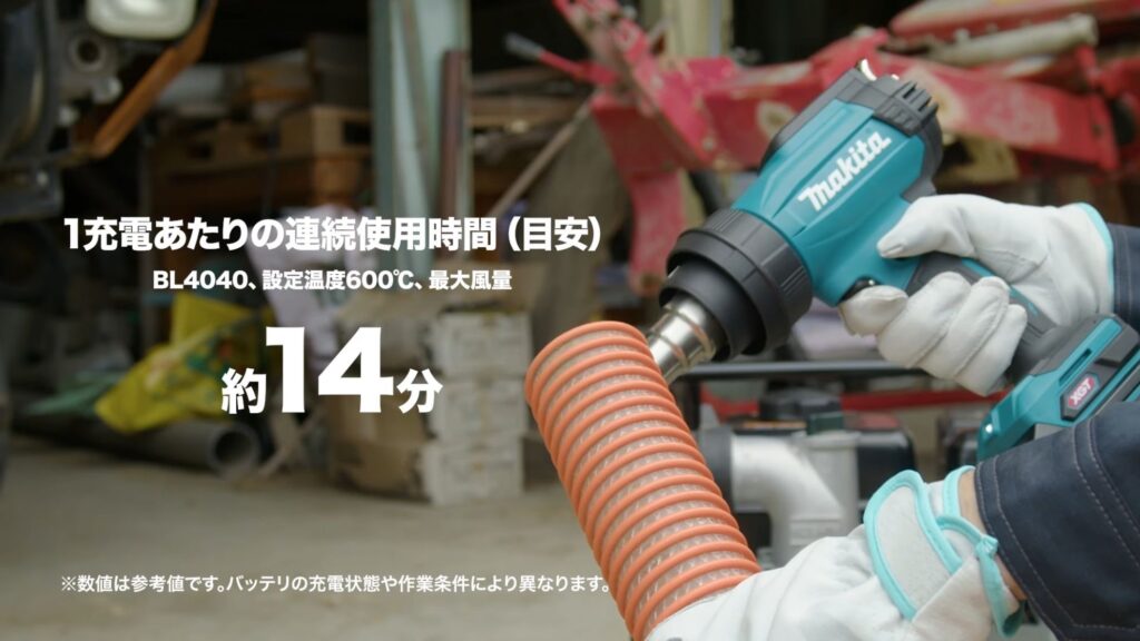 マキタ HG001G 1充電あたりの連続使用時間 約14分(BL4040・600℃・最大風量)