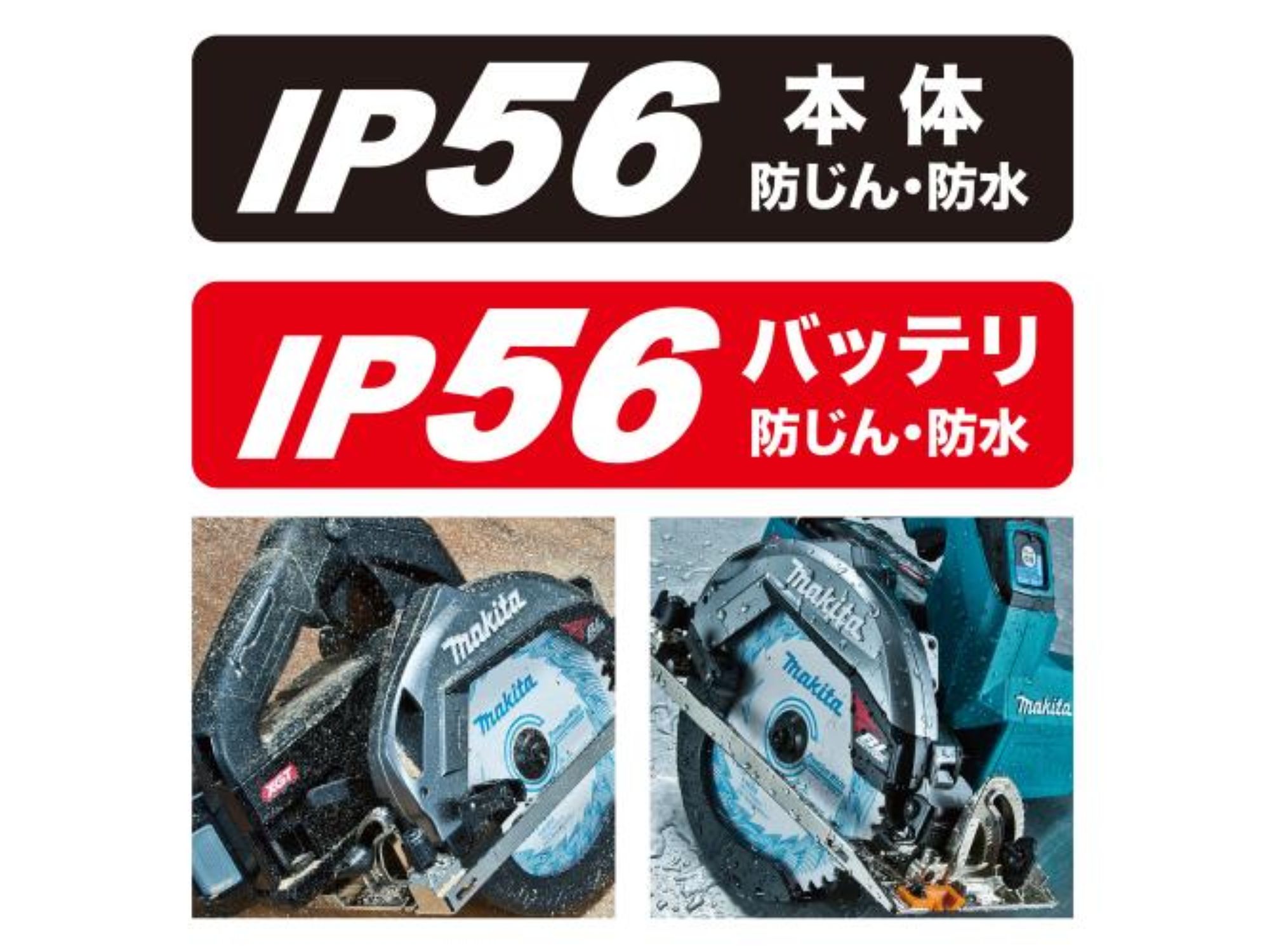 本体・バッテリともIP56の防じん・防水を示すHS001G／HS002Gの説明図