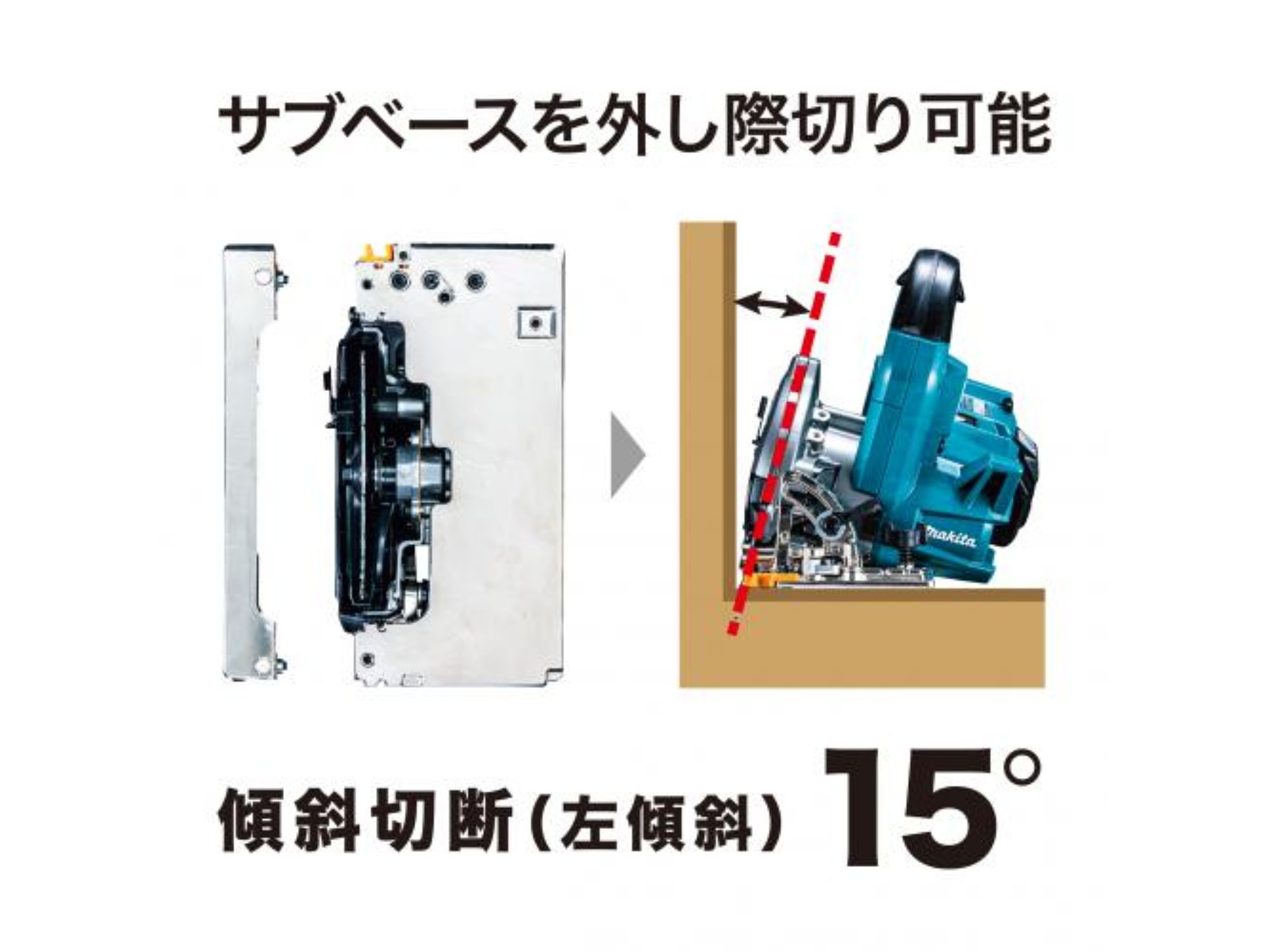 サブベースを外した際切りと左15°の傾斜切断を示す図