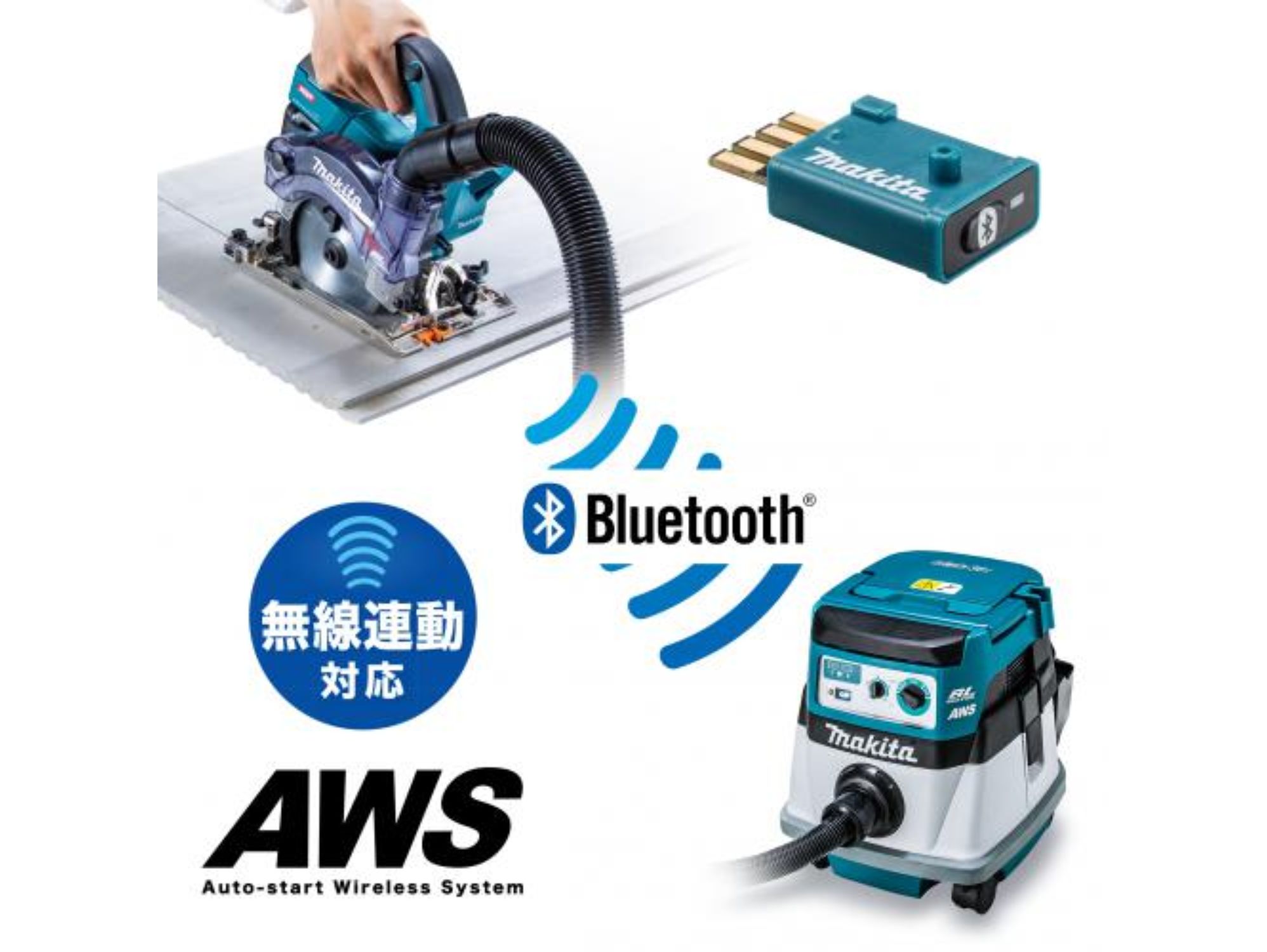 防じんマルノコと集じん機がBluetoothで無線連動する仕組みの図