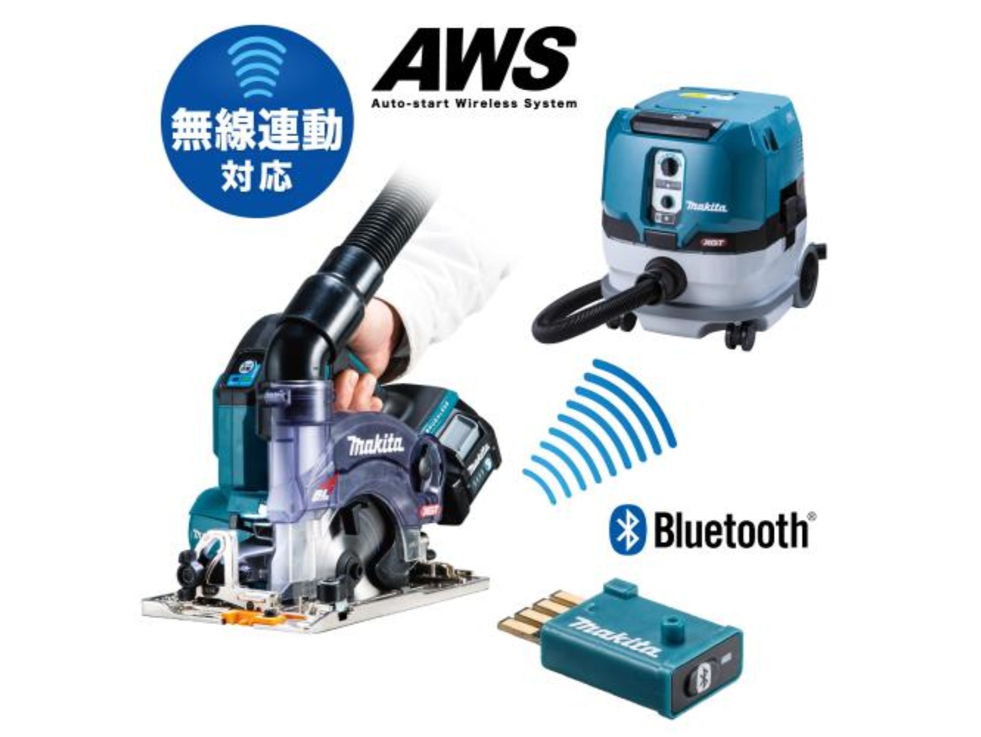 丸ノコと集じん機がワイヤレスユニットで無線連動する仕組みの図