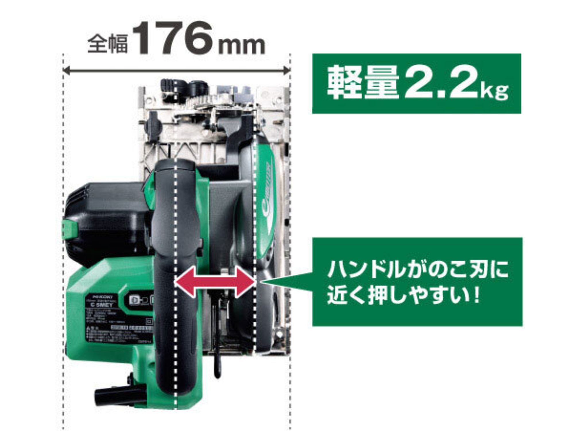 全幅176mm・軽量2.2kg・ハンドルがのこ刃に近いことを示す説明図