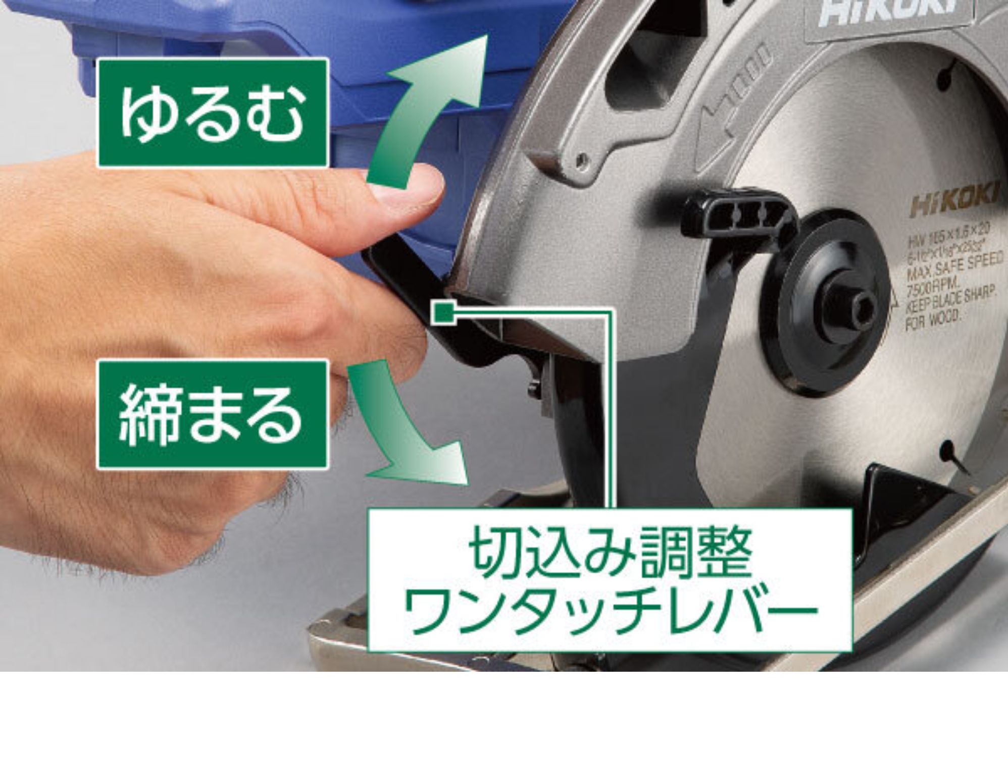 FC1806DAの切込み調整ワンタッチレバーの操作説明図(ゆるむ・締まる)