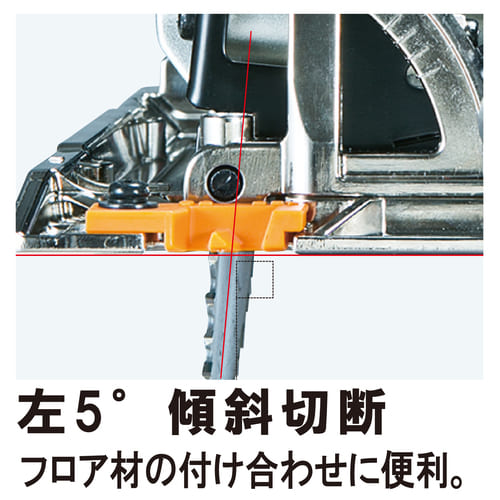 ベースの正面から見た図。のこ刃が左へ5°傾いている様子