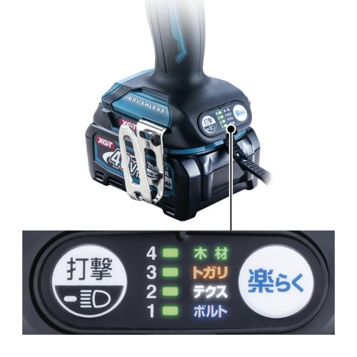 グリップ下部の後ろ側にあるTD005Gの操作パネル(打撃・楽らくのボタンとモードのランプ)